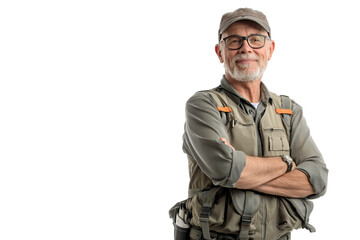 Elderly Man in Outdoor Gear and Cap with Glasses on White Background