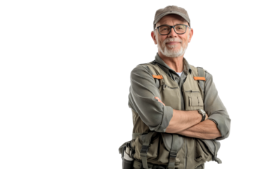 Elderly Man in Outdoor Gear and Cap with Glasses on White Background