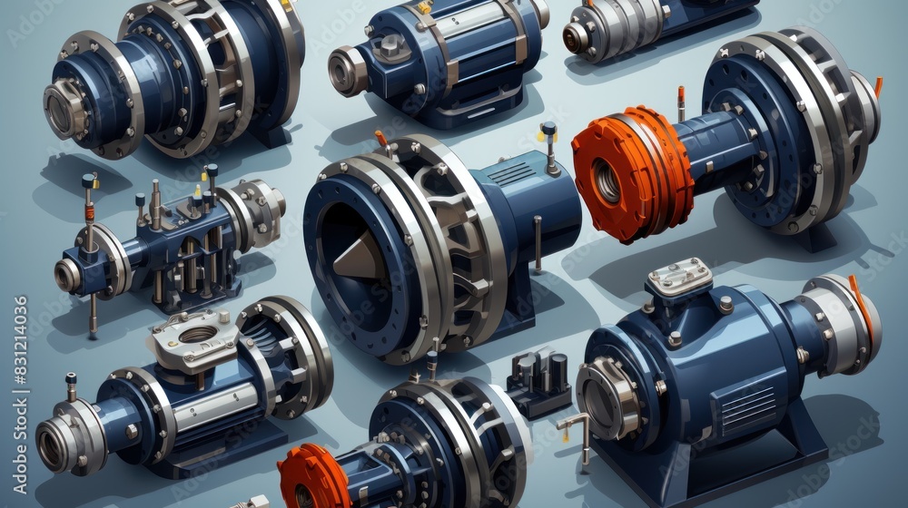 Poster a detailed exploded view illustration showing the components of various mechanical machines