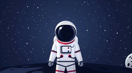 Astronaut standing on a planet with a starry night sky, illustration.