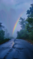 A misty road winding through a lush forest, highlighted by a vibrant rainbow in the distance