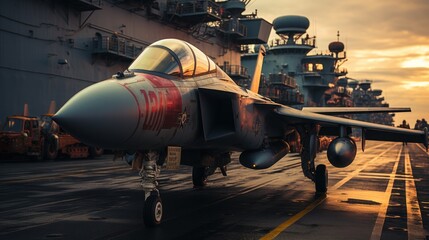 Obraz premium A powerful fighter jet sits on an aircraft carrier deck during a dramatic sunset, implying military might