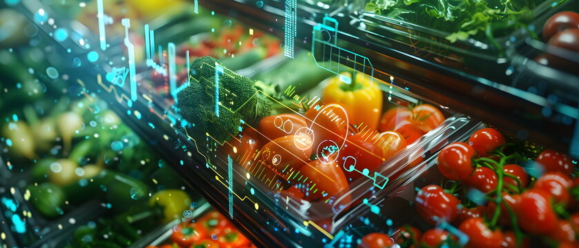 the use of artificial intelligence in industry in the concept of controlling the packaging of food or an organic vegetable products, Scans into a hologram