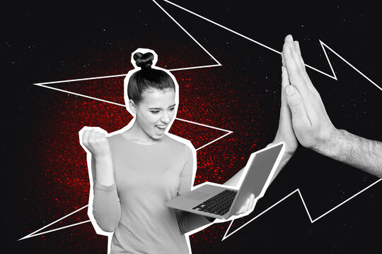 Creative collage picture young girl celebrate success laptop hands high five teamwork victory winner digital device drawing background