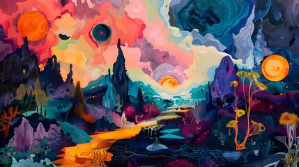 Fototapeta premium Enchanted Dreamscape of Vibrant Hues and Fantastical Elements