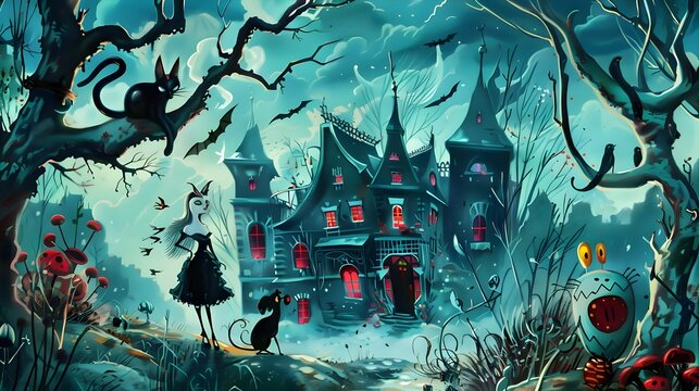 Enchanted Haunted Castle in the Spooky Autumnal Forest at Nightfall