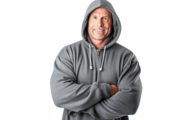Muscular Middle-Aged Man in Grey Hoodie Smiling on White Background