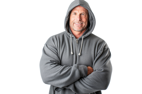 Muscular Middle-Aged Man in Grey Hoodie Smiling on White Background