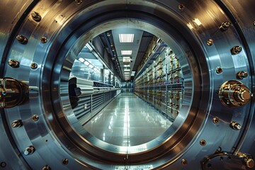 Obraz premium Secure steel bank vault door with biometric access