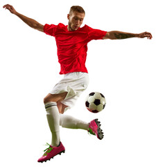 leg kicking. Full length portrait of professional football player in motion against transparent background. Looks extremely motivated. Concept of game, sport, recreation, active lifestyle. © Lustre Art Group 