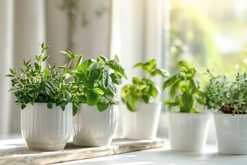 Minimal open planner with a cluster of potted herbs on a white table