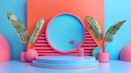 A modern, geometric display platform featuring a blue circle, pink and orange walls, and tropical leaves, perfect for showcasing products or designs.
