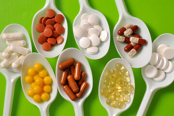 Tablets, capsules, dietary supplements, vitamins on spoons. Medical background