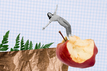 Composite collage picture image of impressed black white colors girl huge bitten apple isolated on...