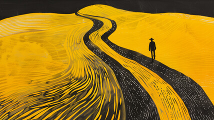 A solitary figure walks on a winding abstract path in a vibrant yellow landscape with dynamic lines and bold colors creating a sense of journey and exploration