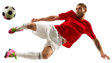 Portrait of young Caucasian soccer football player looks confident practicing kicking ball in motion against transparent background. Concept of game, sport, recreation, active lifestyle. © Lustre Art Group 
