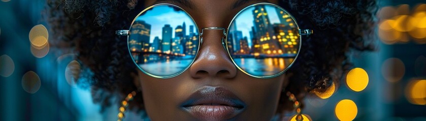 mirrored sunglasses worn by an African American woman with a large afro, reflected in the lenses is the New York cityscape at midday