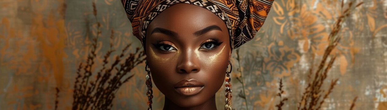 Poster art portrait of a very pretty and regal woman, inspired by African art She has a richly detailed traditional African head wrap and jewelry