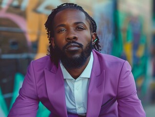 Fototapeta premium Successful African American man with a beard, and striking long braided hairstyle, is a businessperson in purple formal suit, in hip hop culture environment