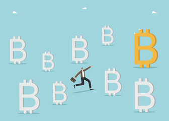 Achieving financial goals in cryptocurrency market, investor in search of stock market to invest cash in digital currency, risky game in foreign exchange market, man runs to the correct bitcoin.