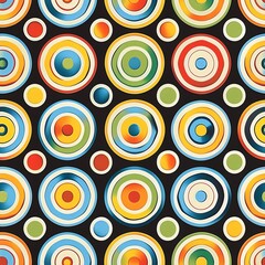 Colorful polka dots on black background. Seamless vector pattern.