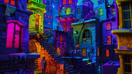 Fototapeta premium Enchanting Surreal Cityscape with Vibrant Neon Lights and Whimsical Architecture