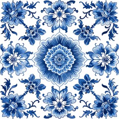 Delft Blue seamless pattern. Floral ornament.