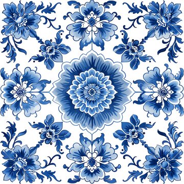 Delft Blue seamless pattern. Floral ornament.