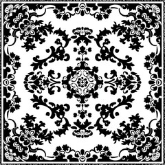 The image is a black and white pattern of flowers and leaves. It is a square and has a border. The pattern is very detailed and intricate.