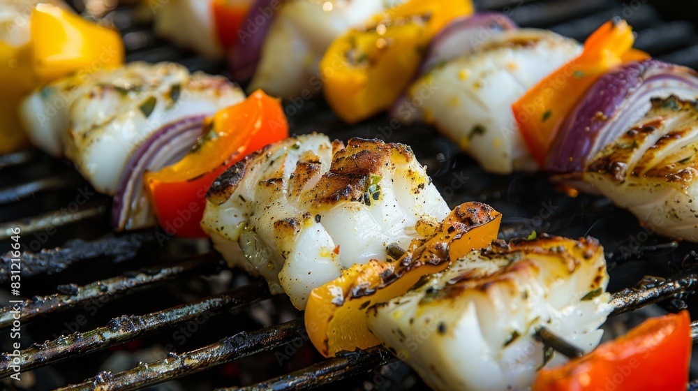Wall mural Grilled fish skewers with colorful bell peppers and onions, sizzling on the grill, offering a flavorful and nutritious seafood option - Wall murals
