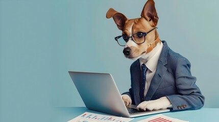 Intelligent Canine Analyst Crunching Numbers on Laptop