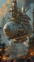 Extraordinary Futuristic Airship Hovering Over Magnificent Technological City