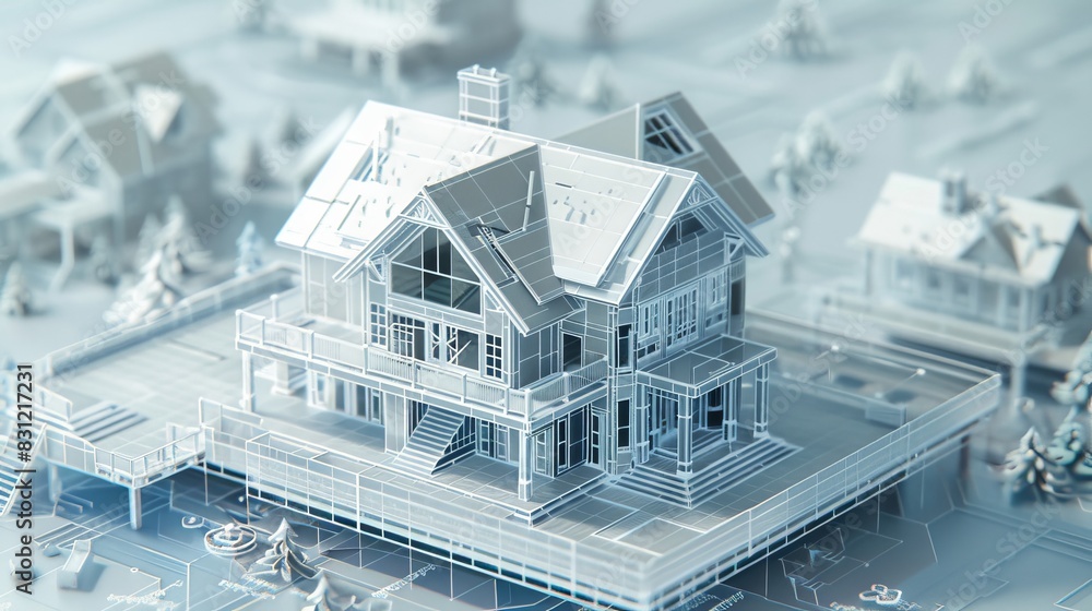Poster detailed 3d render of a house blueprint in digital format, perfect for illustrating architectural pl