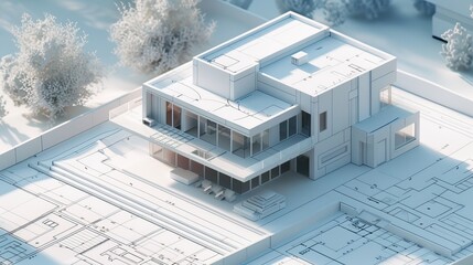 Detailed 3D render of a house blueprint in digital format, perfect for illustrating architectural plans and construction concepts