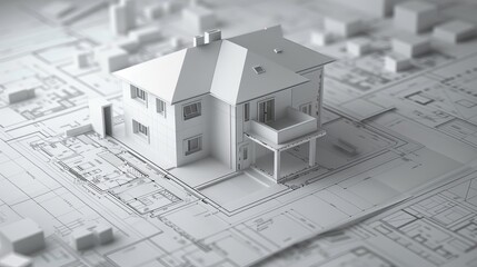 Detailed 3D render of a house blueprint in digital format, perfect for illustrating architectural plans and construction concepts