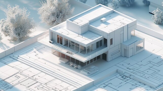 Detailed 3D render of a house blueprint in digital format, perfect for illustrating architectural plans and construction concepts