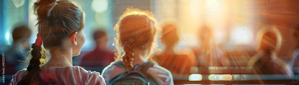 Poster high resolution image of parents discussing school activities with glossy backdrop, emphasizing invo