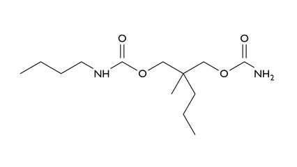 tybamate molecule, structural chemical formula, ball-and-stick model, isolated image anxiolytic