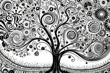 Black and White Tree Doodle Pattern, Artistic Design, Nature Inspired Art