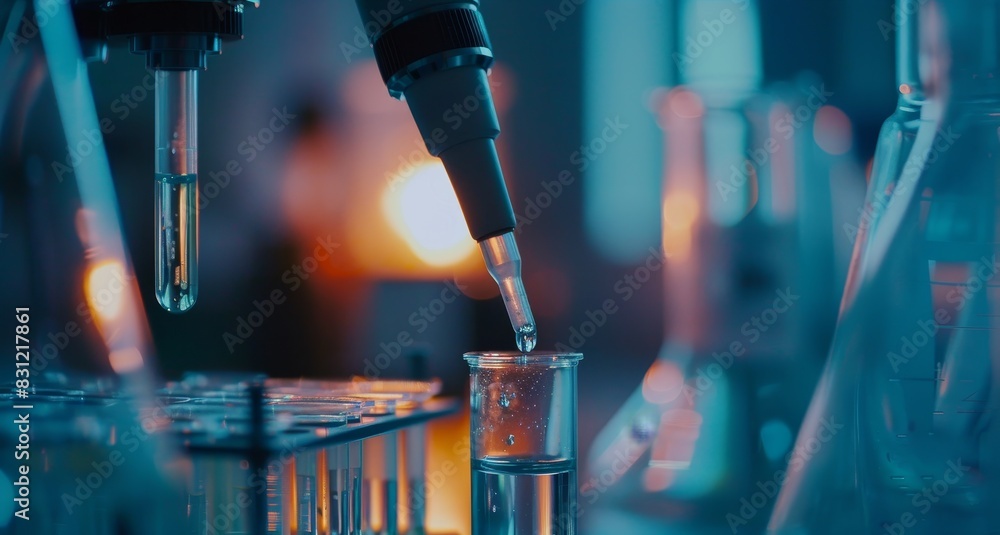 Poster closeup of precise sample addition with a pipette and test tube, emphasizing laboratory accuracy. pe