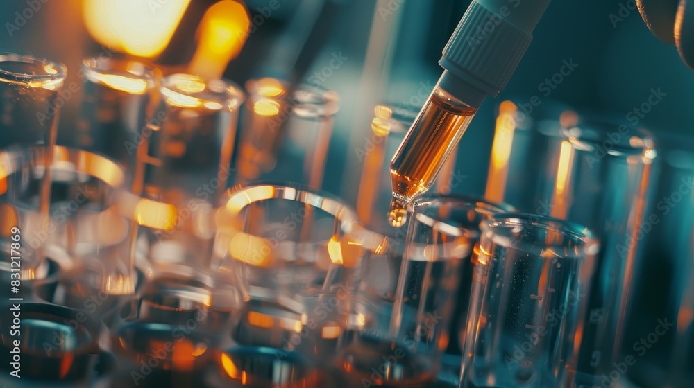 Poster closeup of precise sample addition with a pipette and test tube, emphasizing laboratory accuracy. pe