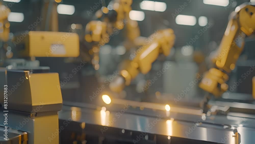 Poster robots welding metal in factory generative ai