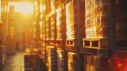 Close-up of pallets of goods in a warehouse, foreground focus with blurred background, illuminated by noon light. Perfect for technology and logistics themes