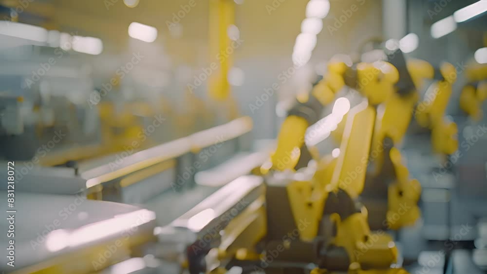 Poster automated factory with robotic arms on conveyor belt generative ai
