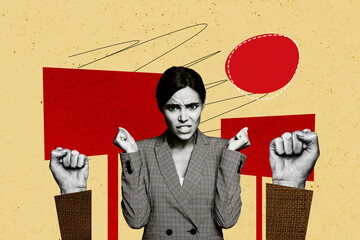 Creative collage picture worried woman fist demonstration pretense billboard drawing doodles...