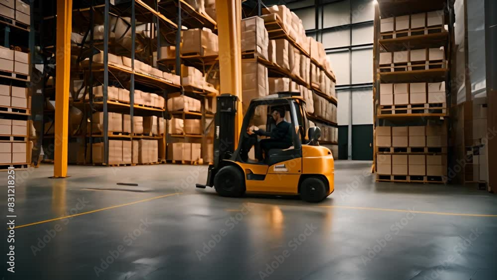 Poster man operating forklift in warehouse generative ai