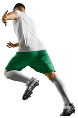 Rear view portrait of young fit man, soccer player ready to kick a soccer ball against transparent background. Concept of professionals sport, competition, tournament, energy, action.