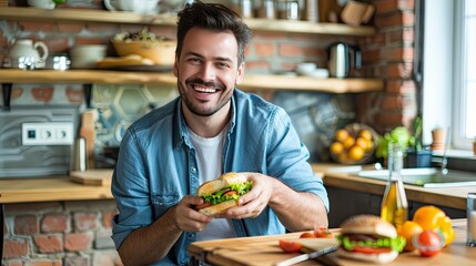 A young happy man is casually eating a sandwich while sitting at his computer desk and watching a video on an online platform indoors, depicting the concept of working from home.