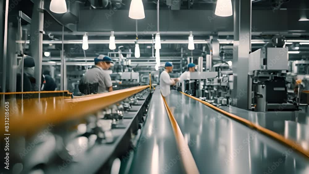 Poster busy factory floor with workers and machines generative ai