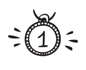 First place medal Doodle outline gold medal. Hand drawn vector award decorative icon. 